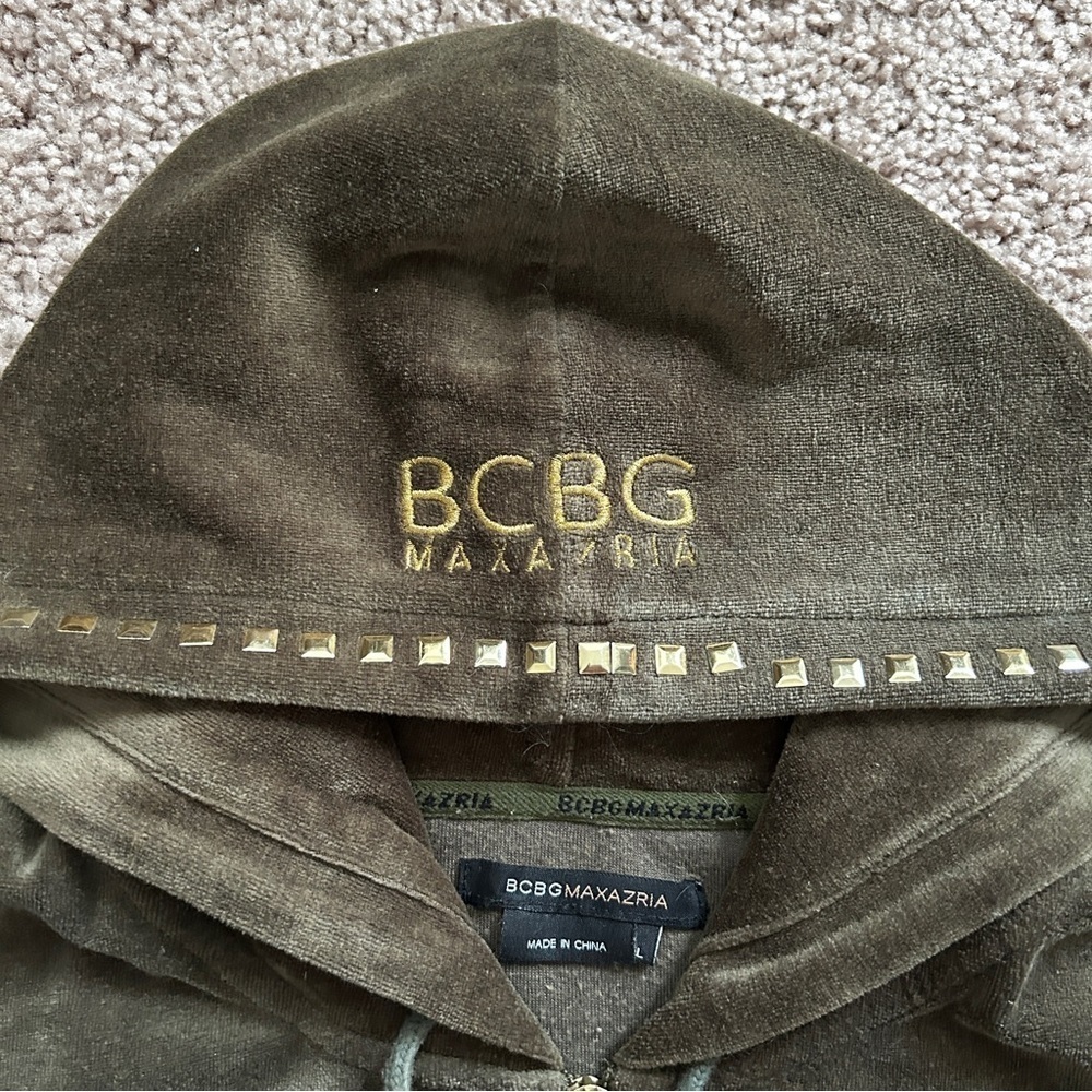 BCBGMaxAzria Olive Green Velour Zip Up Embroidered Studded Size Large - Picture 8 of 12